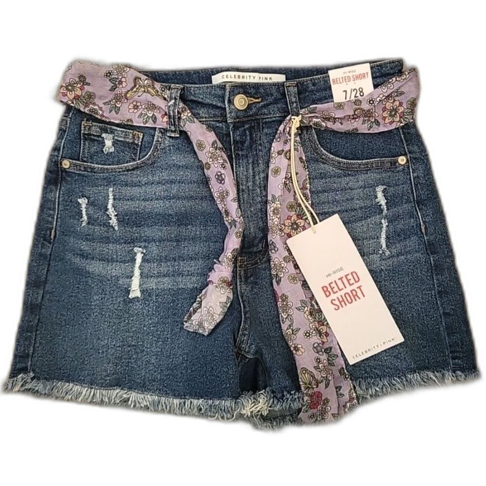 Celebrity Pink Jean Shorts Womens 7/28 Distressed Denim Frayed Hem High Rise